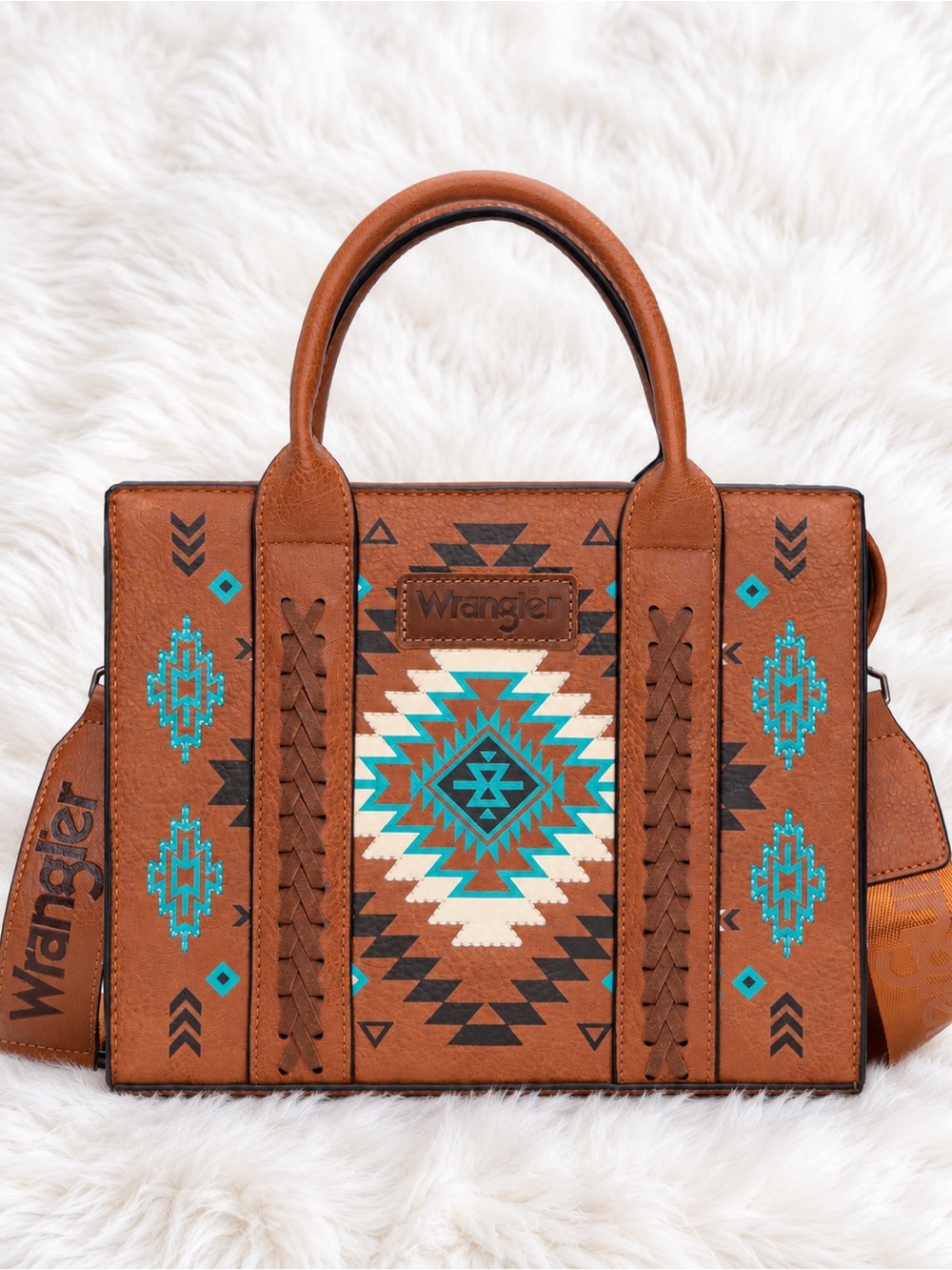 Wrangler Southwestern Print Satchel Crossbody Bag – Brown & Turquoise
